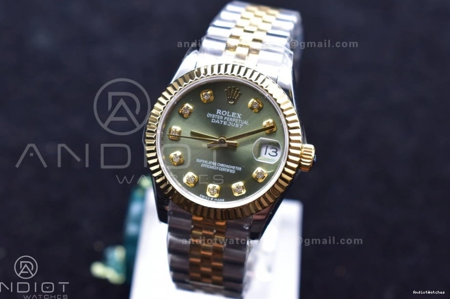 on and Ladies Syle Bezel WF Comfortable Markers Bracelet Steel Dial DateJust President Fluted Green 316L 31 278289 553 0413